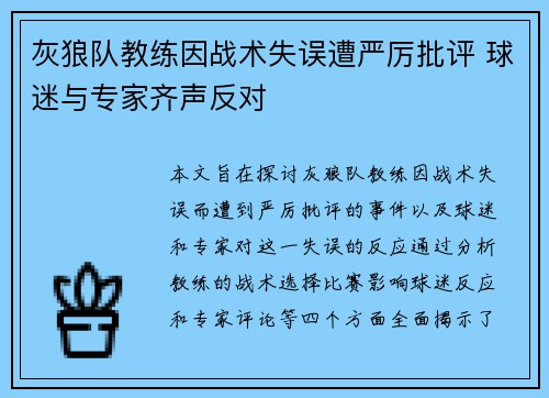 灰狼队教练因战术失误遭严厉批评 球迷与专家齐声反对