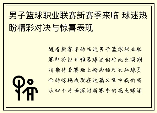 男子篮球职业联赛新赛季来临 球迷热盼精彩对决与惊喜表现