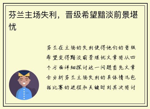 芬兰主场失利，晋级希望黯淡前景堪忧