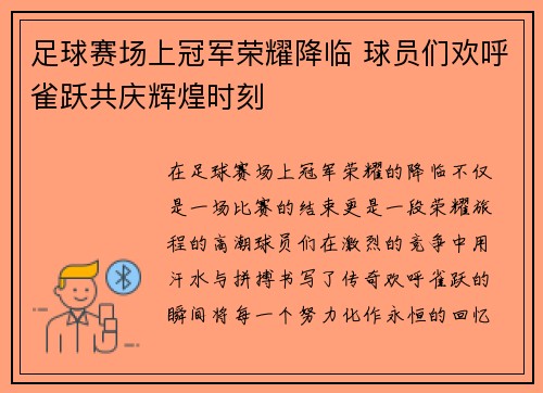 足球赛场上冠军荣耀降临 球员们欢呼雀跃共庆辉煌时刻