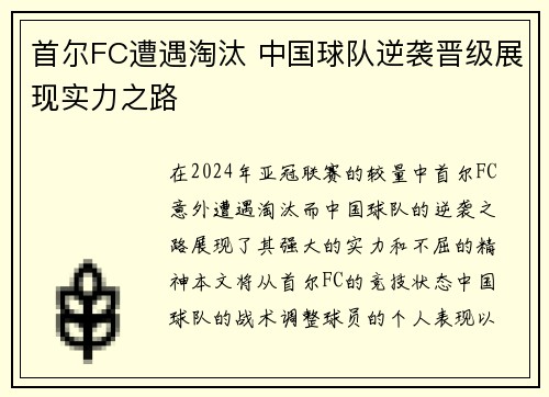 首尔FC遭遇淘汰 中国球队逆袭晋级展现实力之路