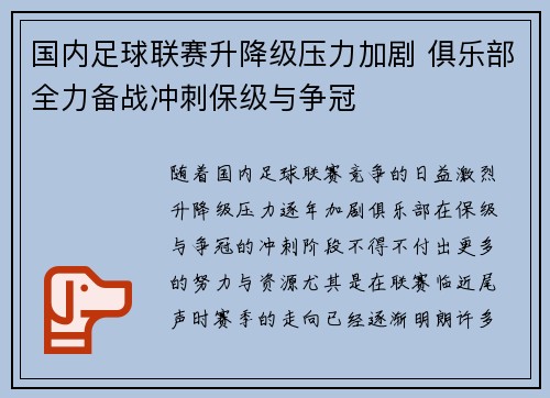 国内足球联赛升降级压力加剧 俱乐部全力备战冲刺保级与争冠